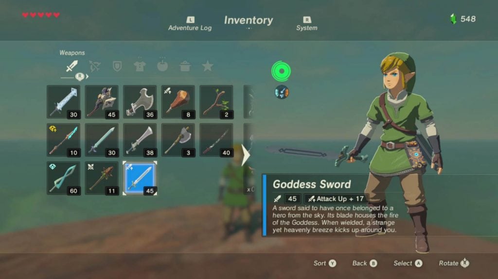 Skyward Sword costume in The Legend of Zelda: Breath of the Wild