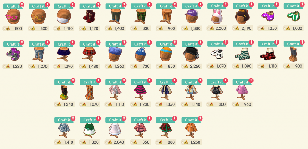 animal crossing pocket camp clothes crafting