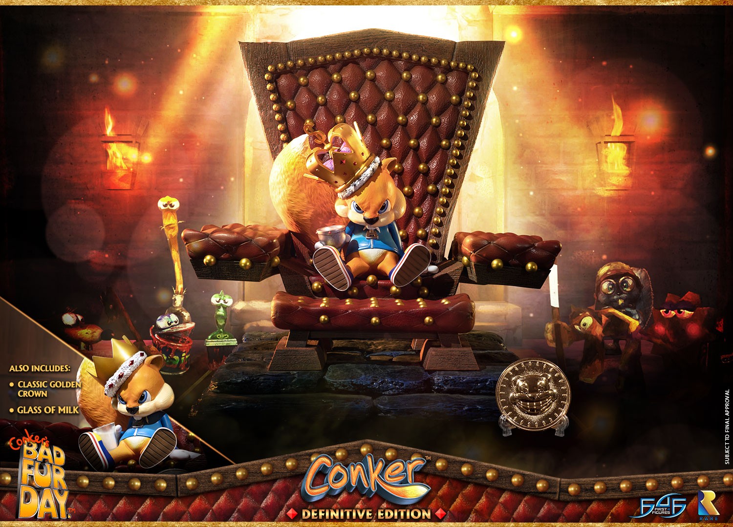 The statue, inspired by Bad Fur Day, features Conker seated on a throne, we...