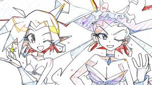 Production artwork of Shantae 5's opening animation done by Studio Trigger, featuring Shantae and Risky Boots