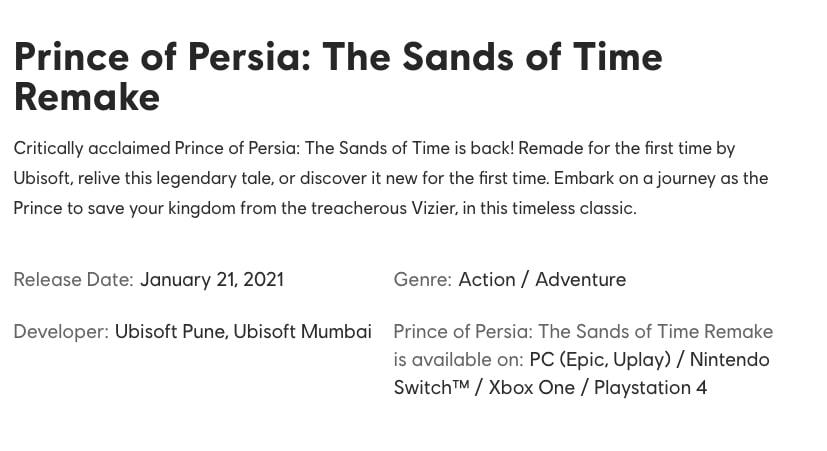 Prince of Persia: The Sands of Time remake switch version listing