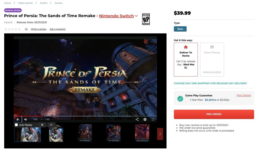 Prince of Persia: The Sands of Time remake switch version listing