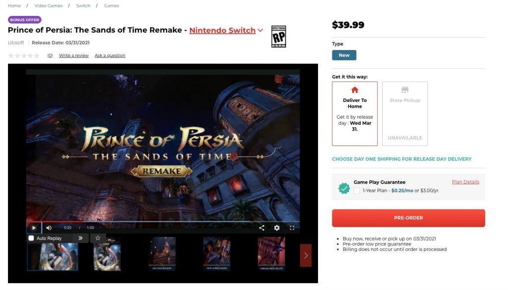 Prince of Persia: The Sands of Time Remake for Nintendo Switch