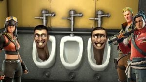 Fortnite characters Renegade Rebel, Jonesy, and Kendo surround three urinals. Two of the urinals have human heads.